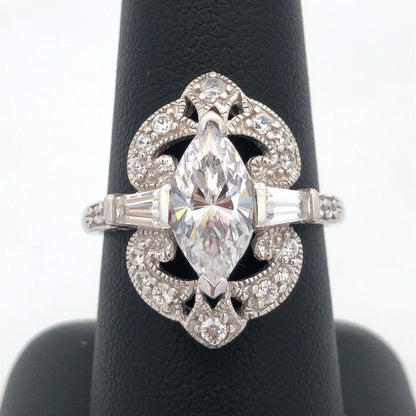 Designer MEDA 14K White Gold Cubic Zirconia Solitaire W/Accents Statement Ring