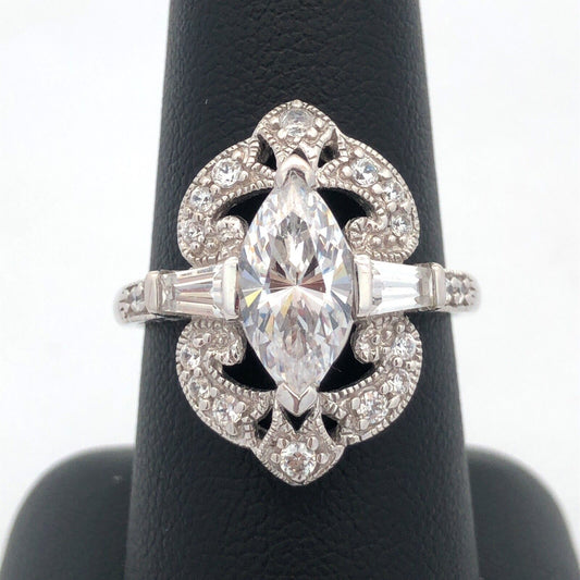 Designer MEDA 14K White Gold Cubic Zirconia Solitaire W/Accents Statement Ring