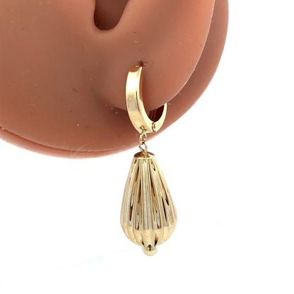 Designer EG 14K Yellow Gold Textured Teardrop Dangle Hoop Earrings