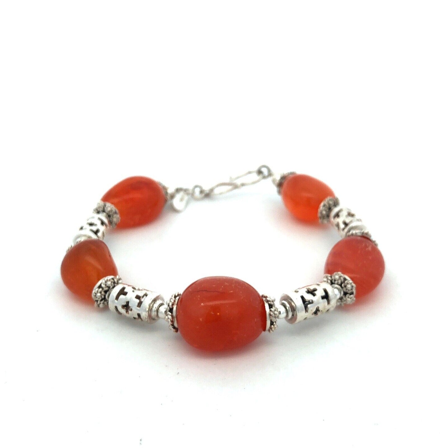 Designer 925 Sterling Silver Orange Carnelian Beaded Statement Bracelet