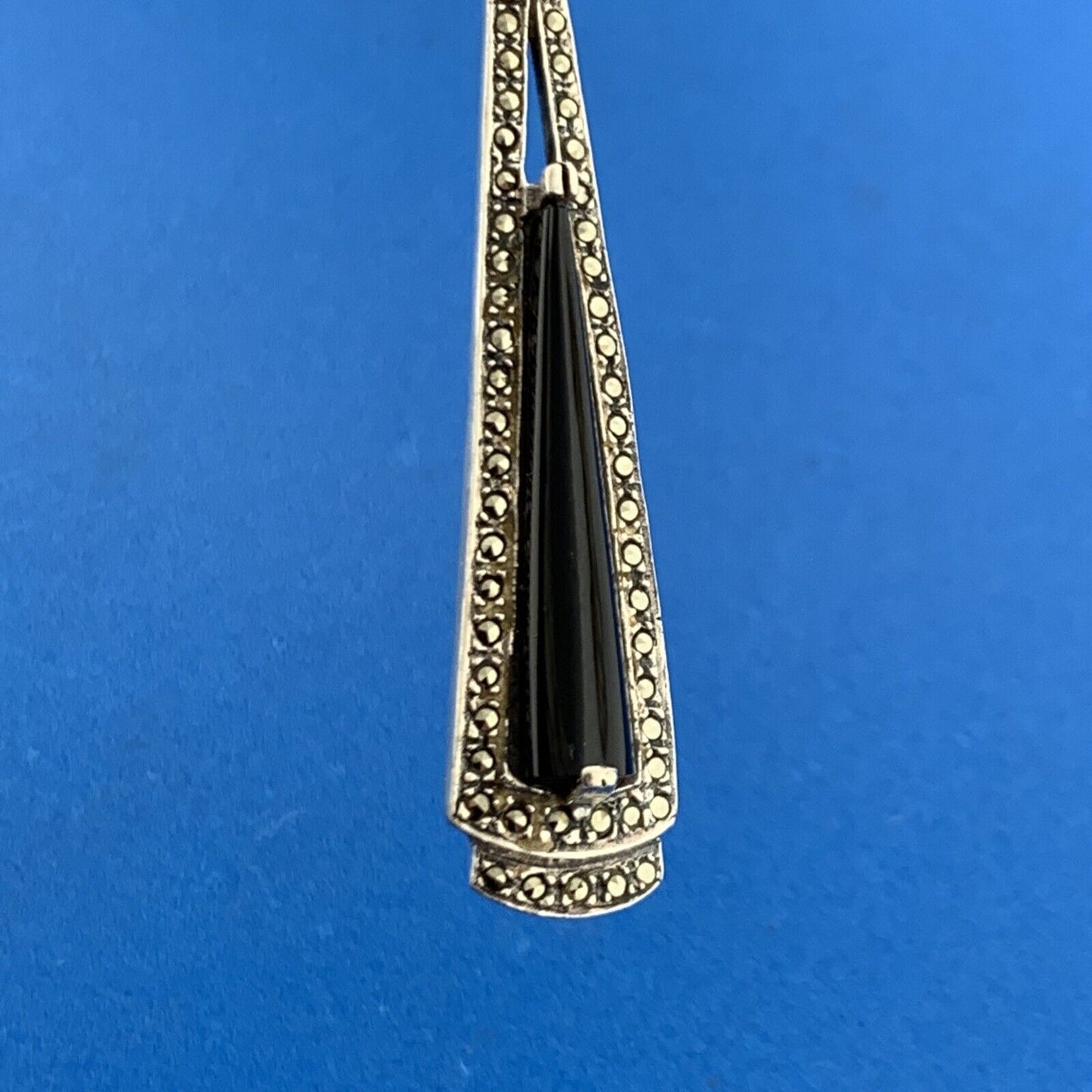 Lovely Sterling Silver 925 Cabochon Black Onyx Marcasite Accent Dangle Earrings