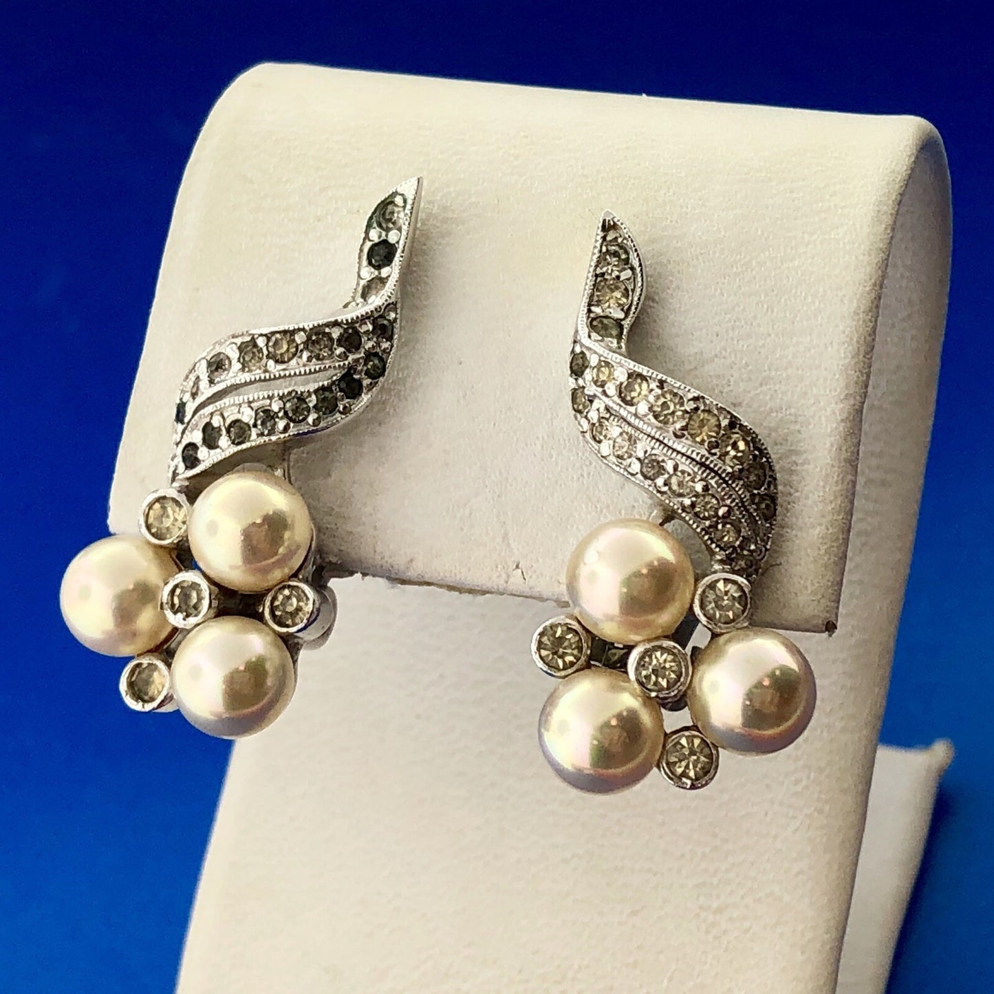 Polcini Signed Silver Tone Rhinestone Faux Pearl Modernist Bouquet Clip Earrings
