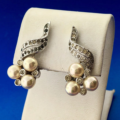 Polcini Signed Silver Tone Rhinestone Faux Pearl Modernist Bouquet Clip Earrings