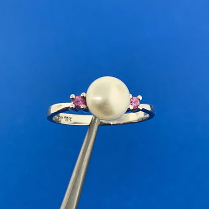 Designer 10K White Gold Pearl Ruby Accented Size 7 Ring