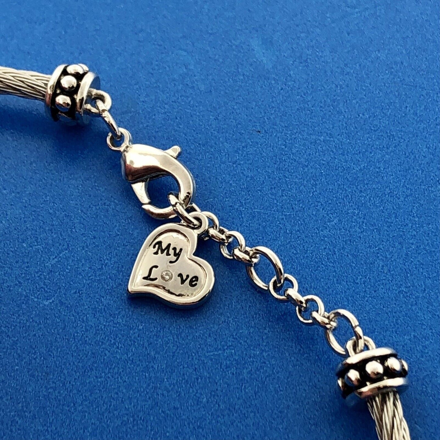 Aqua CZ Enamel Twisted Wire 10 Charm My Granddaughter My Love Charm Bracelet