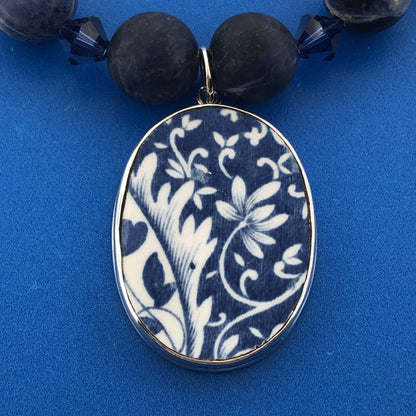 Stunning Sterling Silver 925 Blue Jasper Fine China Pendant 19" Toggle Necklace