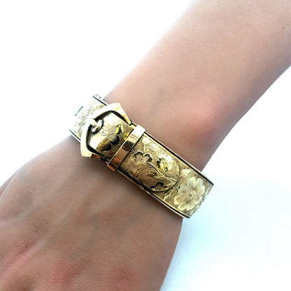 Antique F.M.Co 12K Yellow Gold Filled Floral Belt Buckle Hinged Bangle Bracelet