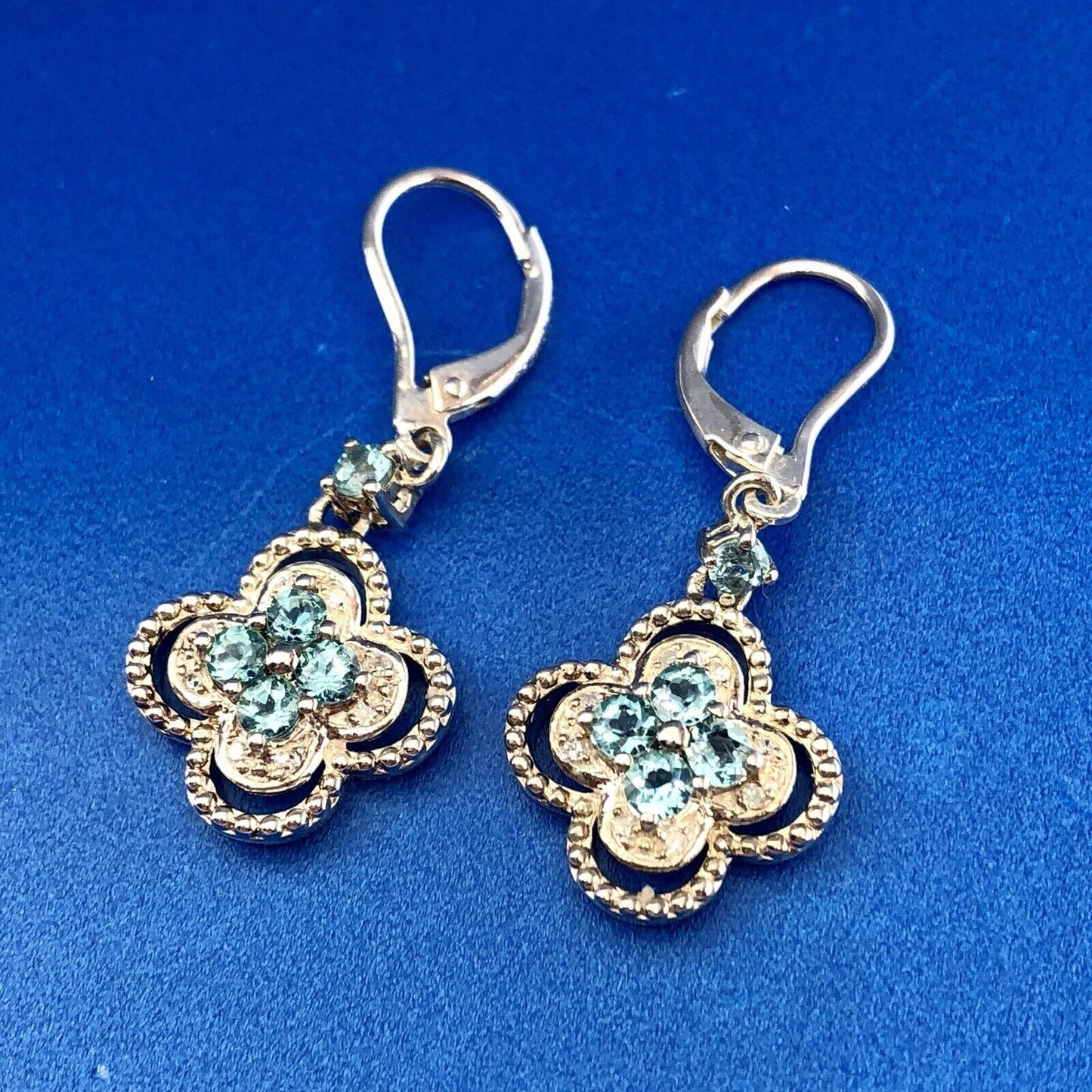 Designer Sterling Silver 925 Blue Topaz Diamond Flower Drop Dangle Earrings