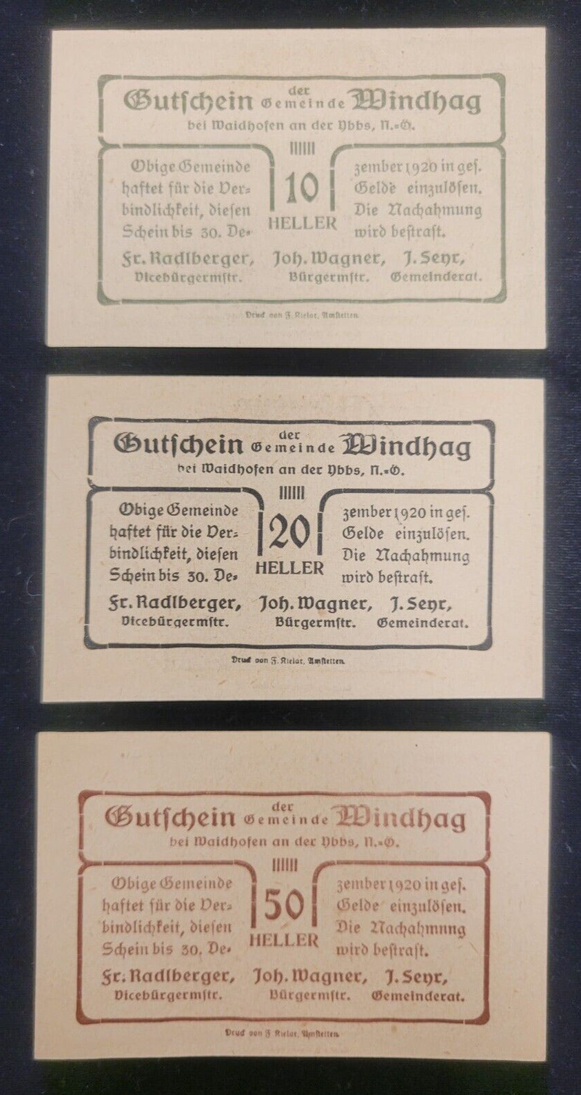 1920 10, 20 & 50 Heller, Windhag Municipality, Austria Obsolete Bank Note Set