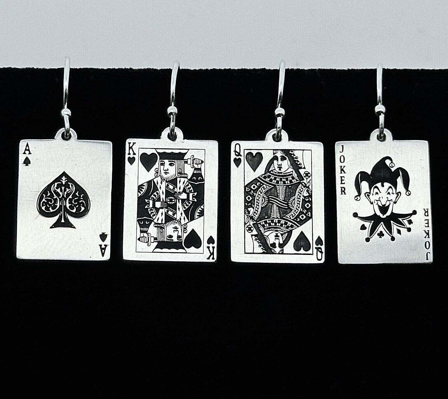 Custom Artisan Sterling Silver 925 Poker Playing Card Drop Dangle Earrings