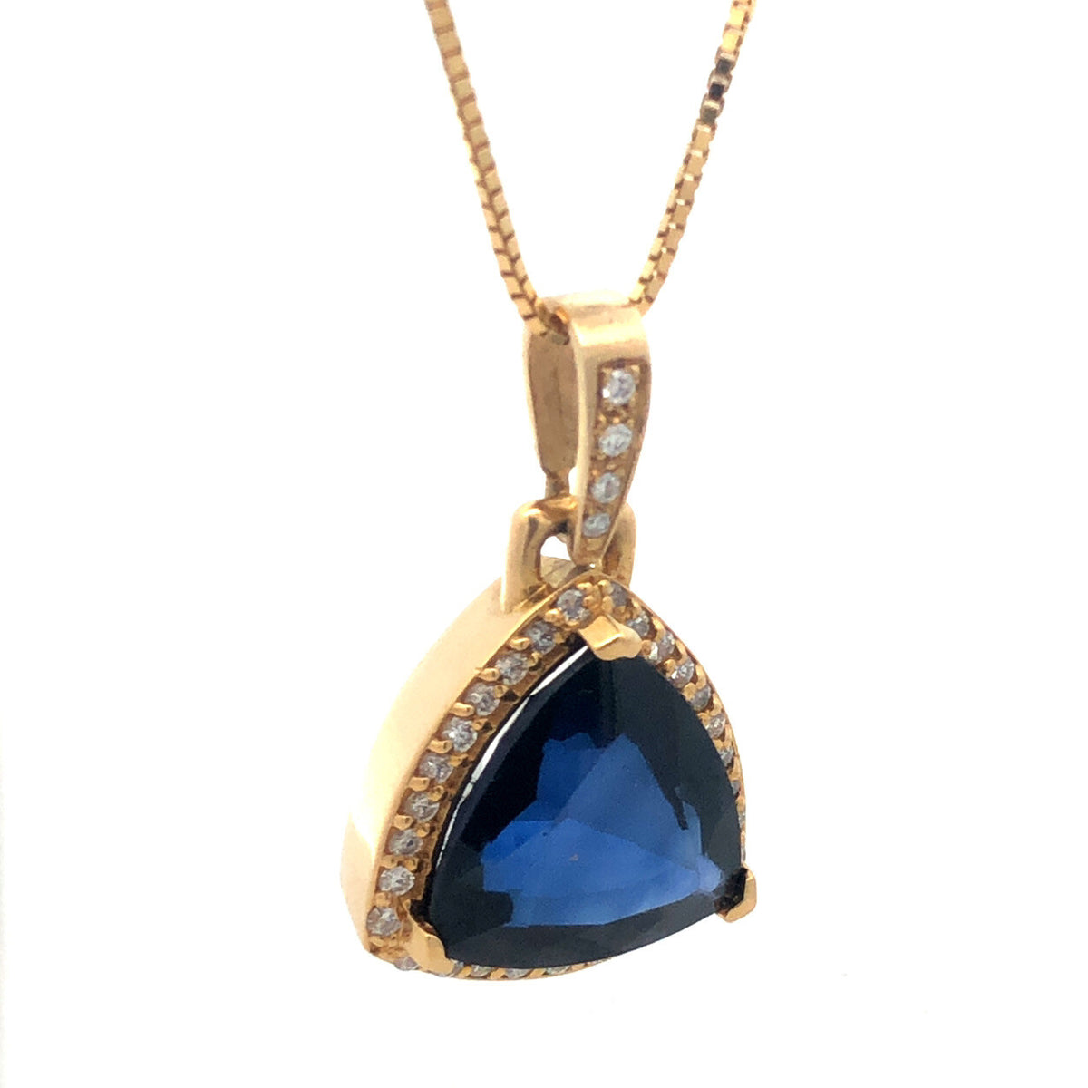 Custom 18K Yellow Gold Large Trillion Cut Lab Created Sapphire Diamond Pendant