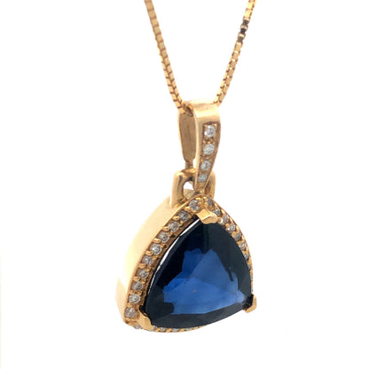 Custom 18K Yellow Gold Large Trillion Cut Lab Created Sapphire Diamond Pendant