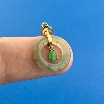 Gorgeous 14k Yellow Gold Cabochon Green Jade Teardrop Halo Dangle Pendant