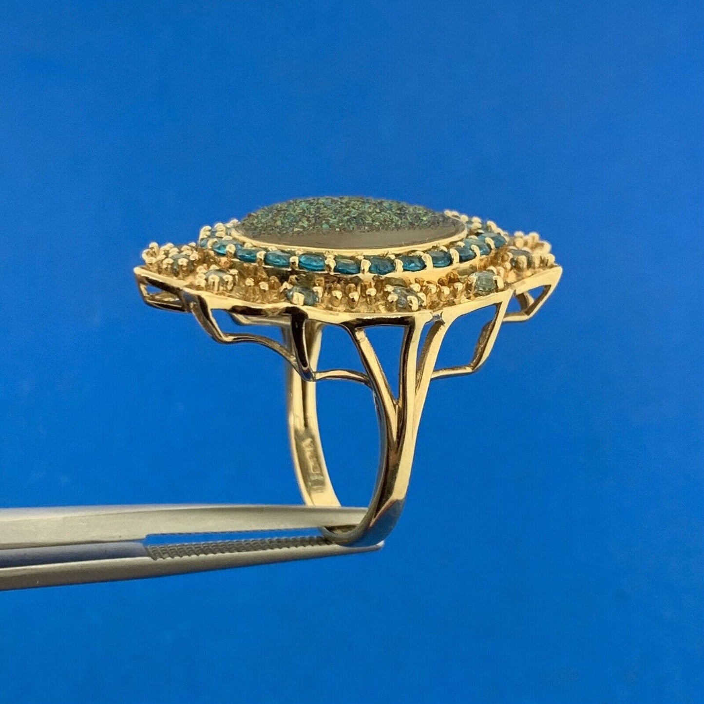 Designer 10K Yellow Gold Drusy Quartz Aquamarine CZ Statement Finger Ring