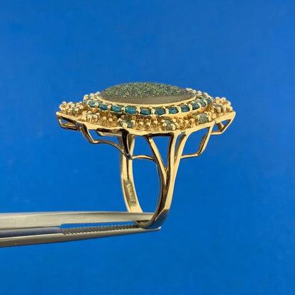 Designer 10K Yellow Gold Drusy Quartz Aquamarine CZ Statement Finger Ring