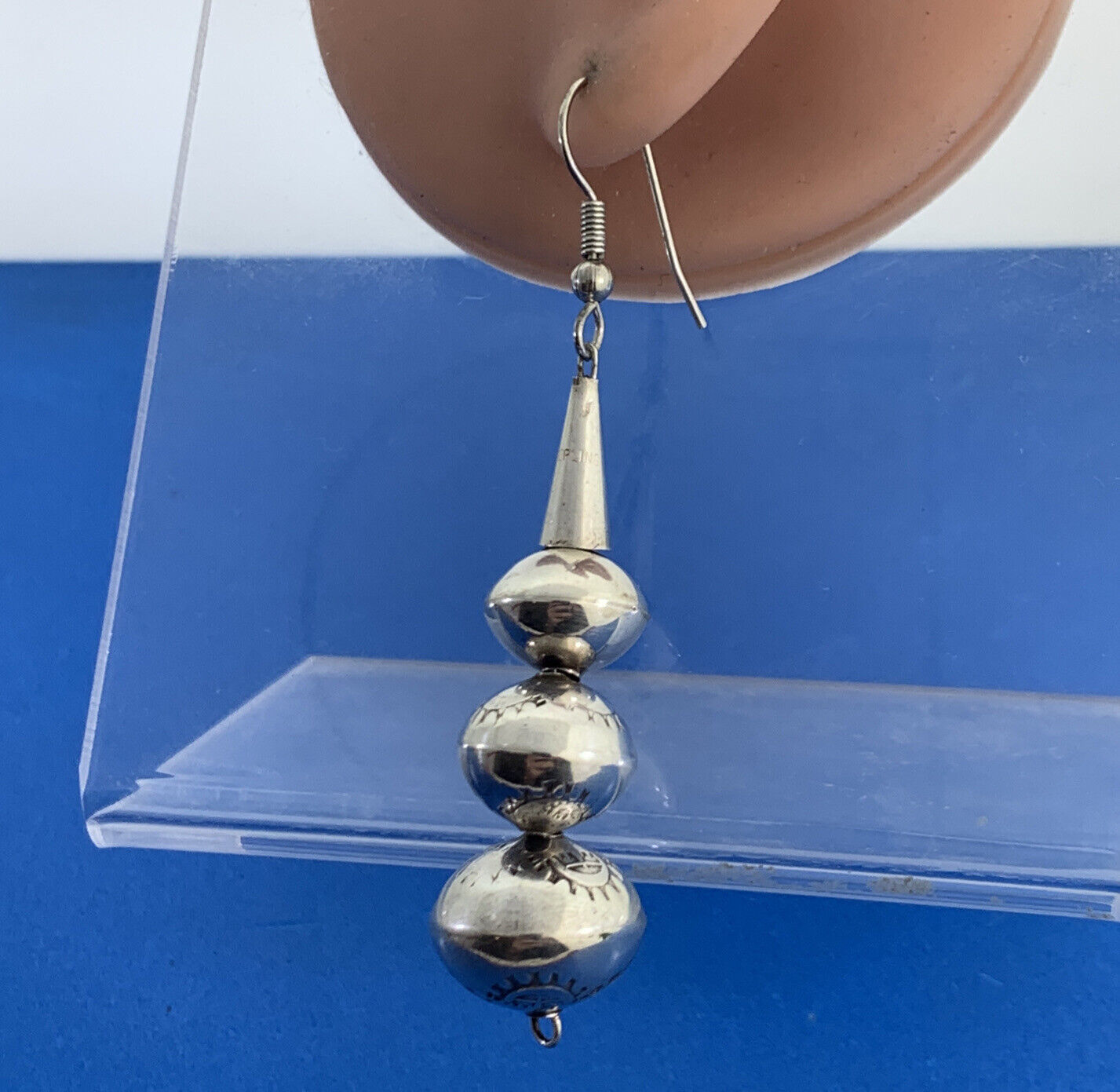 Old Pawn Storyteller 925 Sterling Silver Graduated 3 Bead Drop Dangle Earrings