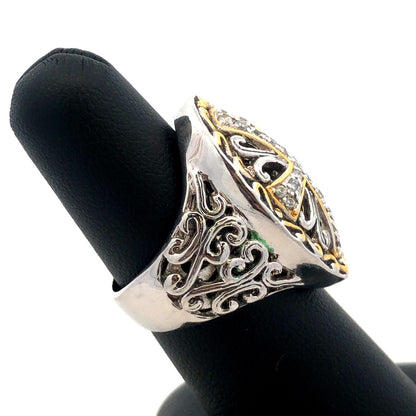 Designer 925 Sterling Silver Gold Tone Accents CZ Open Work Cross Statement Ring