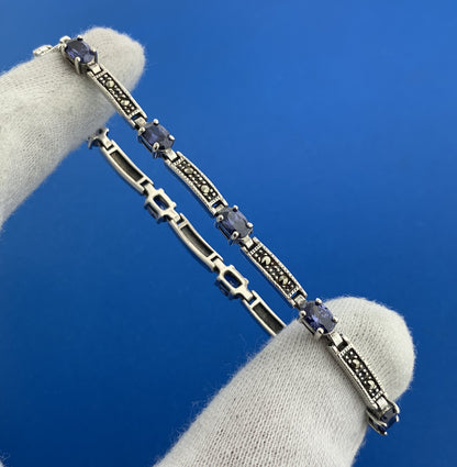 925 Sterling Silver Oval Tanzanite Marcasite Accented Tennis Bracelet