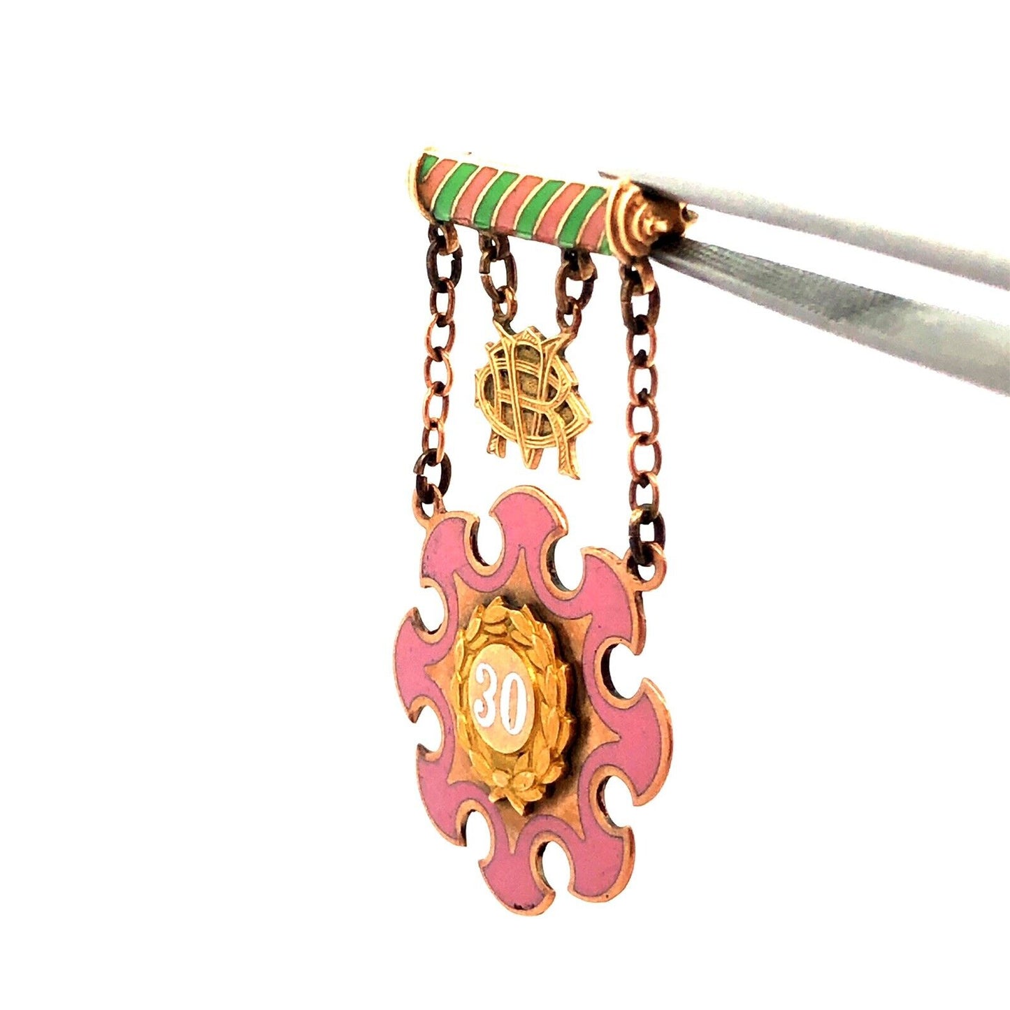 1937 10K Yellow Gold Pink Green Enamel 30 Year Eastern Star Service Award Pin