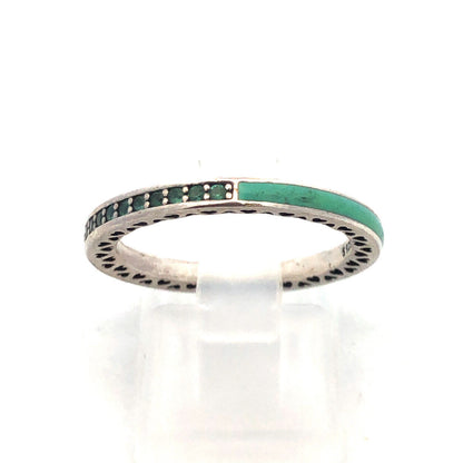 PANDORA 925 Silver Radiant Hearts 191011NRG Royal Green CZ Enamel Stackable Ring