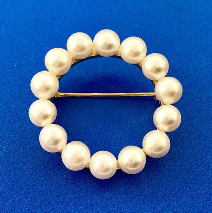 Vintage 14K Yellow Gold 6 MM Pearl Wreath Pin Brooch Pendant