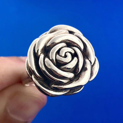 Fun 925 Sterling Silver Textured Rose Camellia Flower Statement Ring
