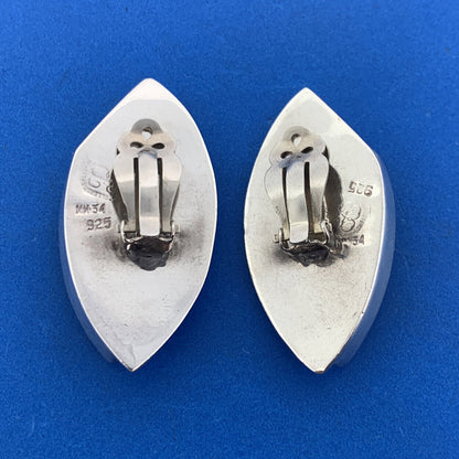 Mid Century Taxco Los Ballesteros Sterling Silver Onyx Modernist Clip Earrings