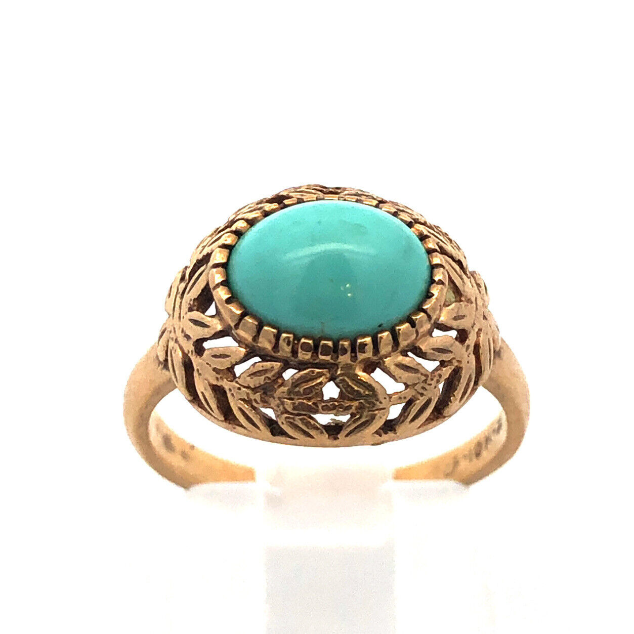 Estate 10K Yellow Gold Turquoise Cabochon Vine Leaf Open Work Beaded Dome Ring