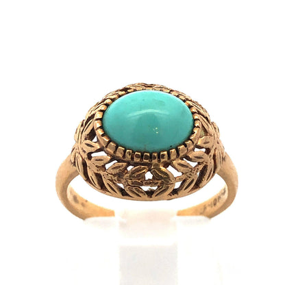 Estate 10K Yellow Gold Turquoise Cabochon Vine Leaf Open Work Beaded Dome Ring