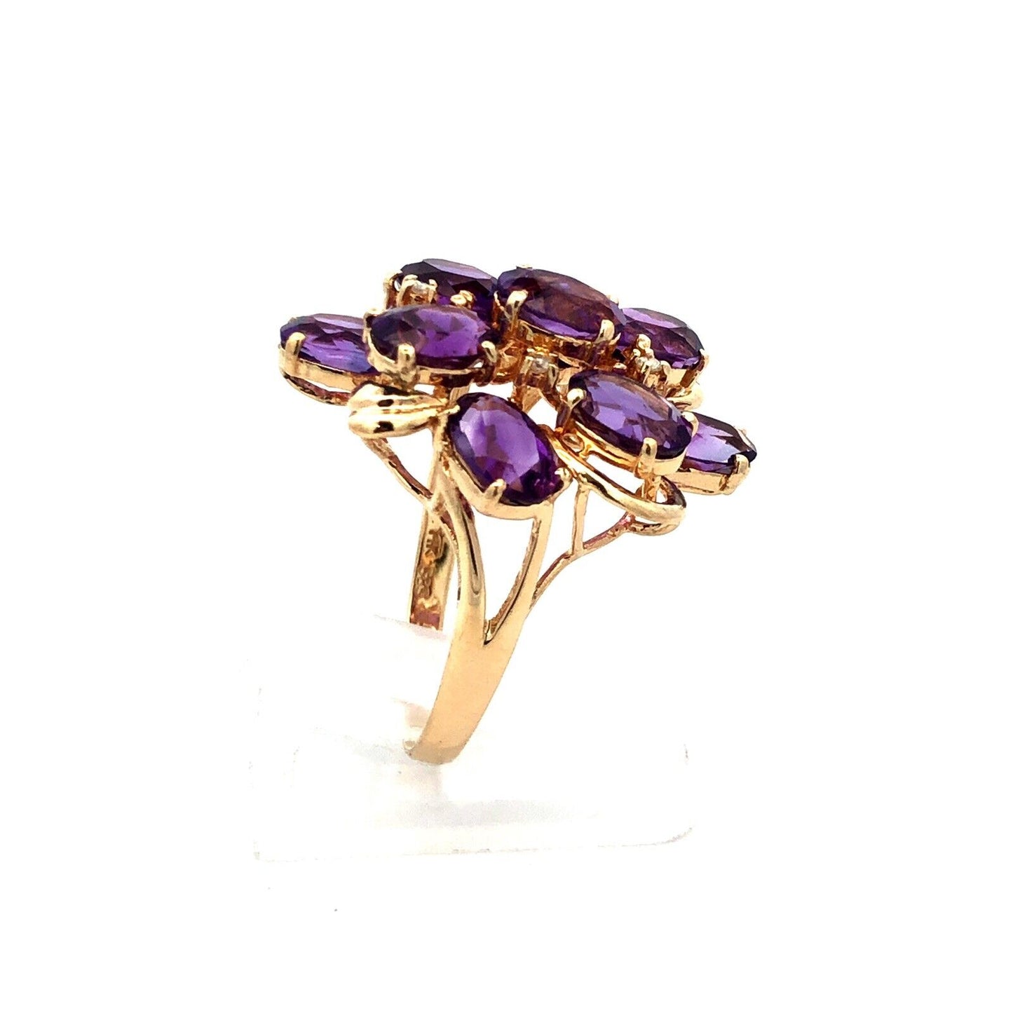 Designer 14K Yellow Gold Lab Created Oval Amethyst Diamond Cluster Cocktail Ring