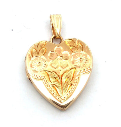 Designer HFB 14K Yellow Gold Floral Flower Engraved Heart Photo Locket Pendant