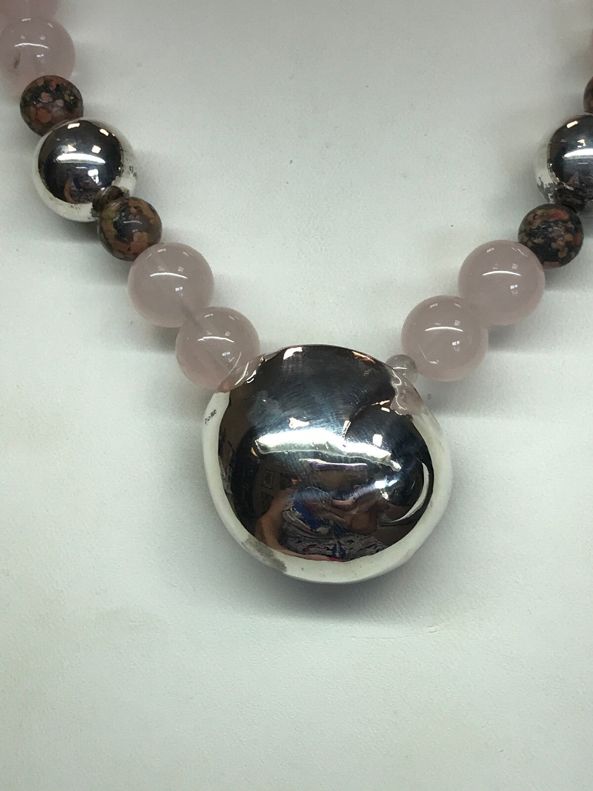 Mignon Faget 925 Sterling Silver Rose Quartz Jasper Bead Moon Snail Necklace