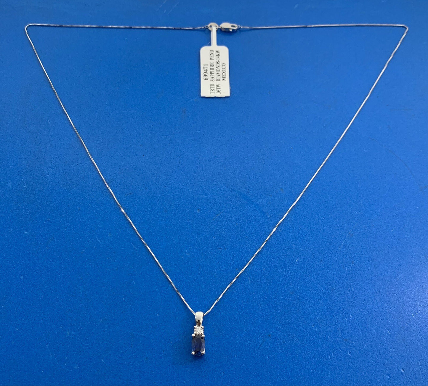 Designer 14K White Gold Oval Sapphire Round Diamond Petite Pendant Necklace
