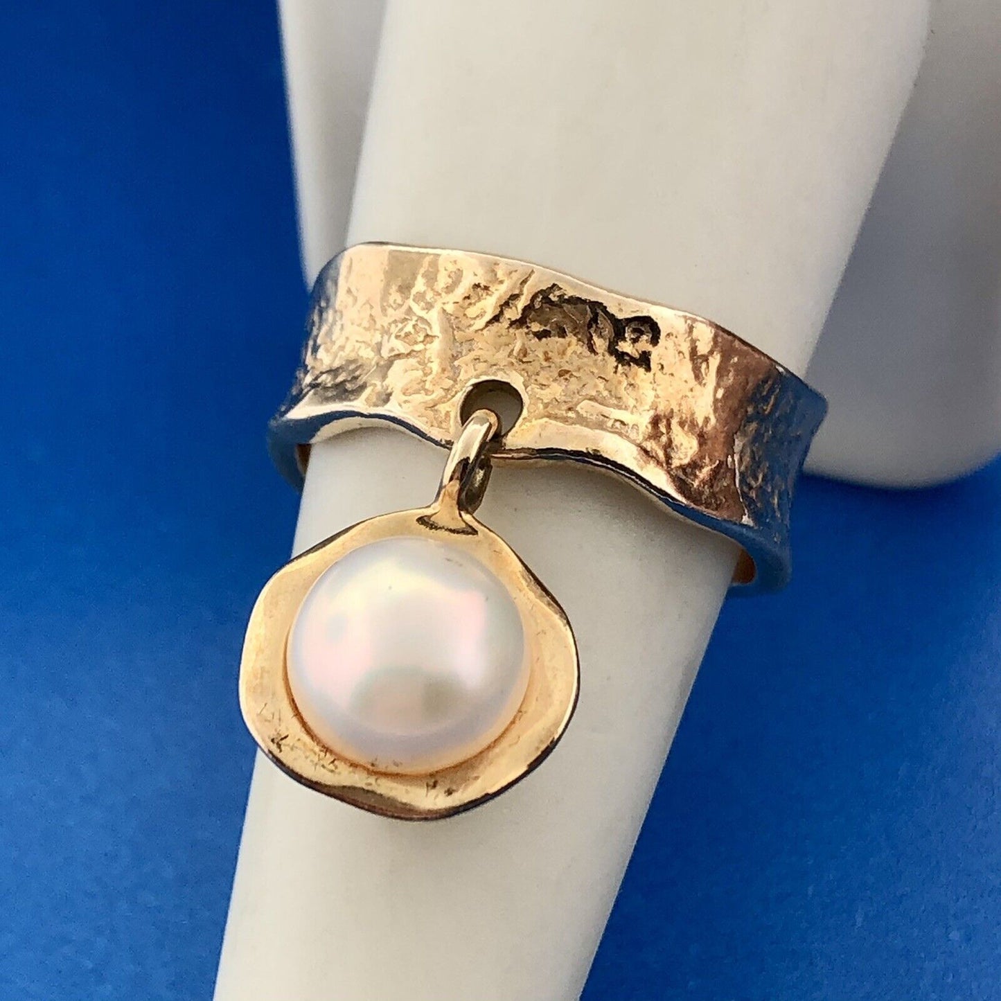 Designer LIRM Israel 925 Sterling Vermeil Pearl Dangle Charm Cocktail Ring