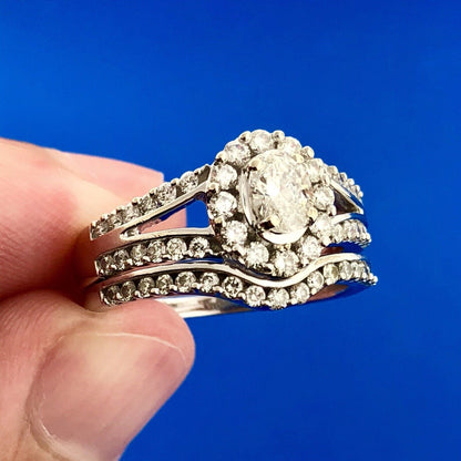 Stunning 14K White Gold Oval Diamond Halo Two Piece Engagement Bridal Set