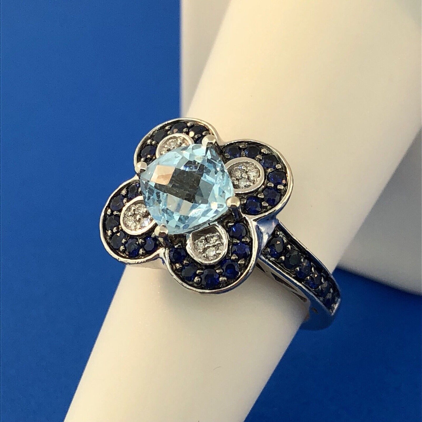 Le Vian 14K White Gold Blue Topaz Diamond Sapphire Flower Cluster Cocktail Ring