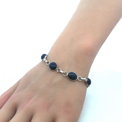 Estate 925 Sterling Silver Oval Cabochon Blue Lapis Lazuli Tennis Bracelet