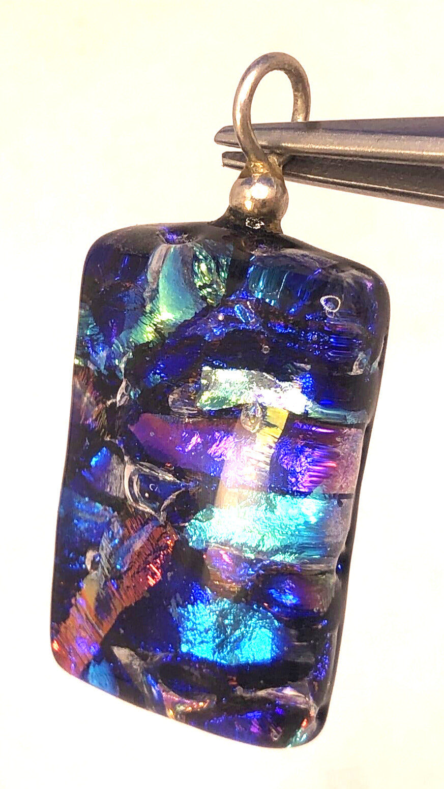 925 Sterling Silver Modernist  Multicolor Diachroic Glass Rectangle Pendant