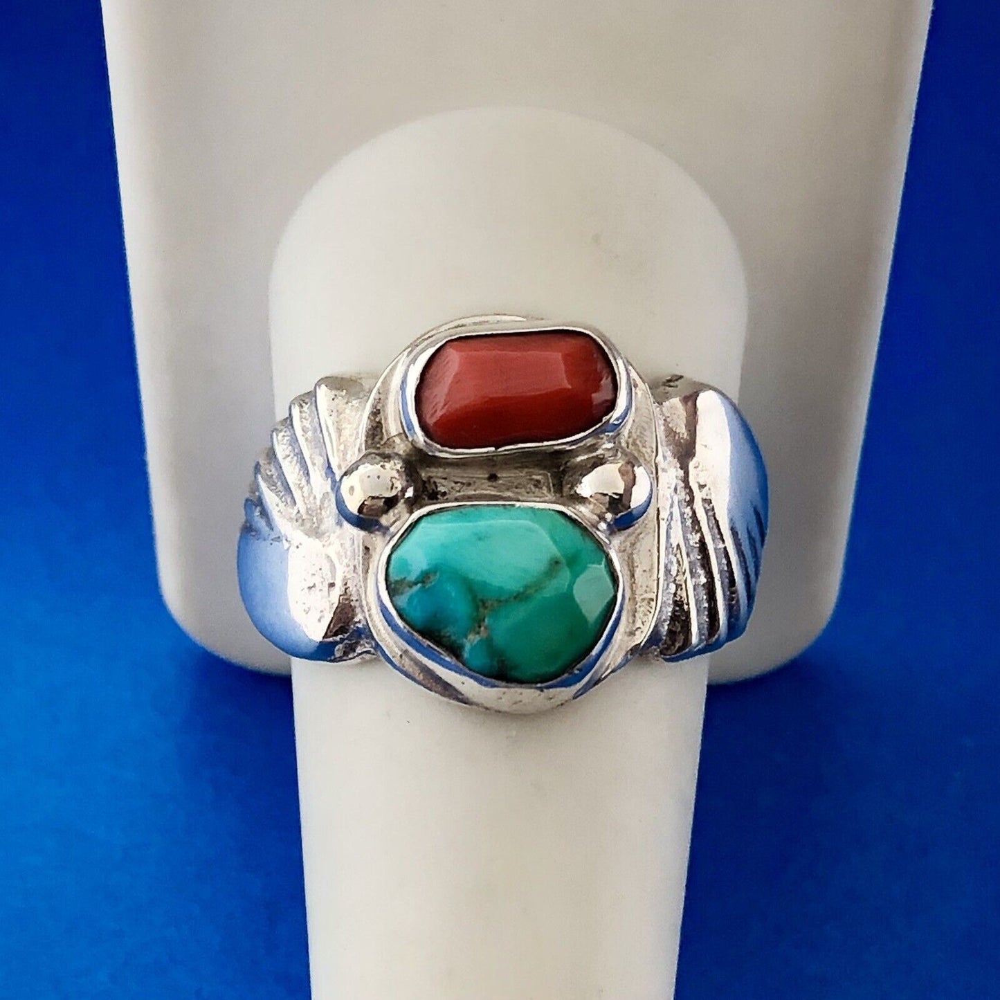 Stunning Sterling Silver 925 Chunky Turquoise Coral Wing Ring Size 10.5