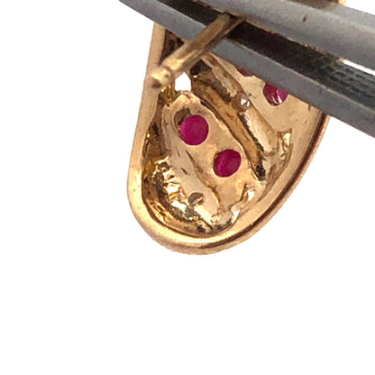 Designer 14K Yellow Gold Round Ruby Diamond Textured Oval Stud Earrings