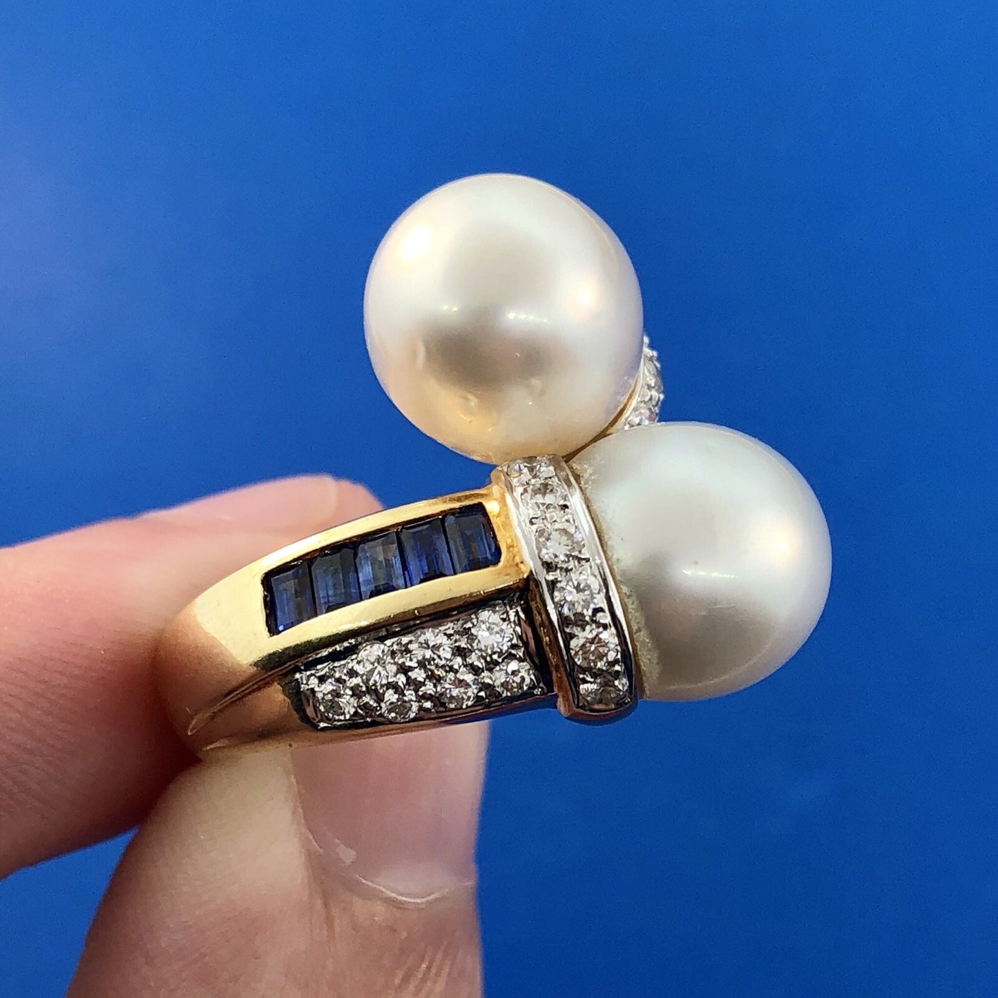Estate 18K Yellow Gold Diamond Sapphire Pearl Bypass Cocktail Dinner Ring