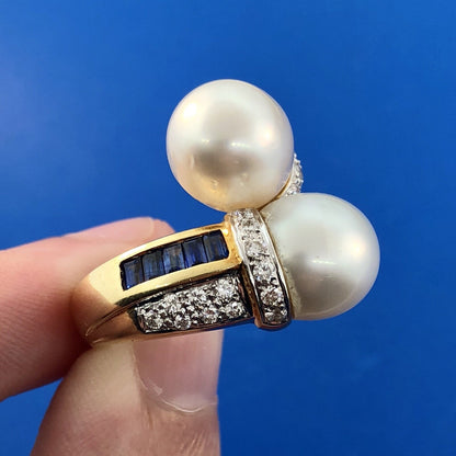 Estate 18K Yellow Gold Diamond Sapphire Pearl Bypass Cocktail Dinner Ring