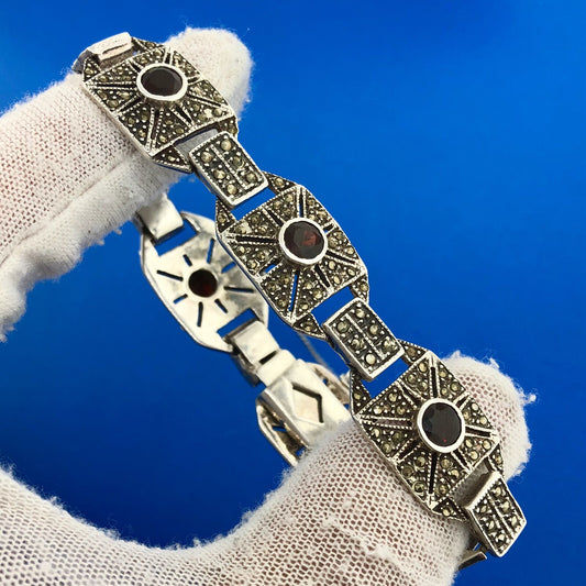 Stunning Sterling Silver 925 Garnet Marcasite Panel Link 6.75" Tennis Bracelet