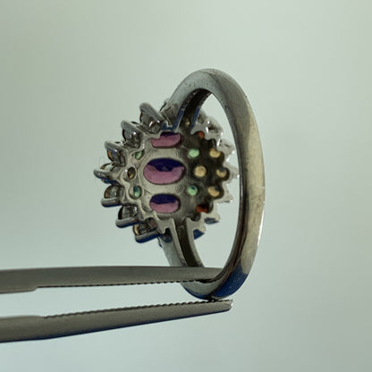 Designer 925 Sterling Silver Mixed Gemstone Floral Cluster Cocktail Ring
