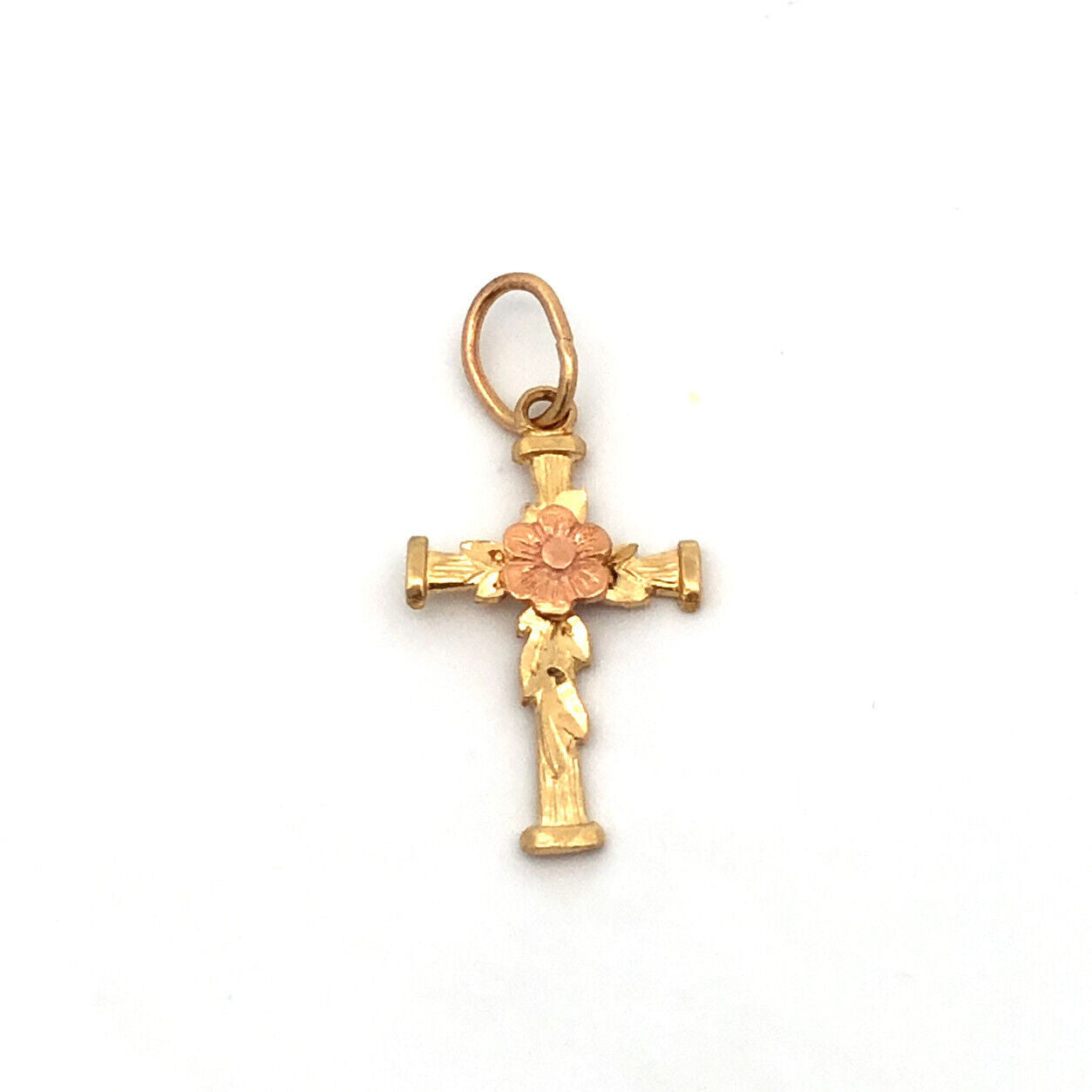 Designer 14K Yellow Gold Rose Gold Flower Leaf Floral Religious Cross Pendant