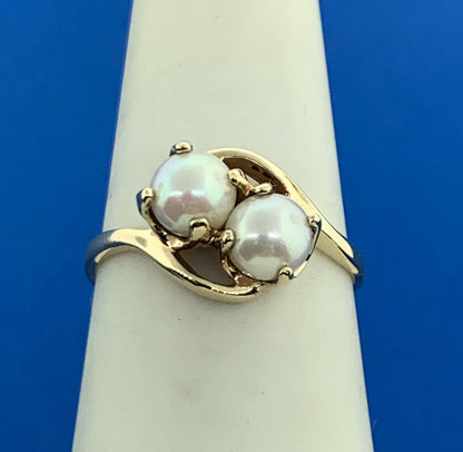 10K Yellow Gold Pearl Duo Bypass Cocktail Ring