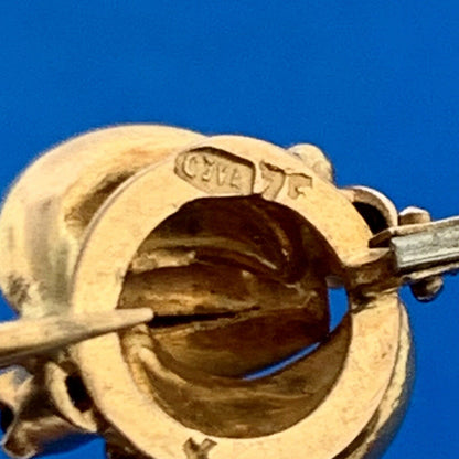 Vintage Hallmarked 18K 750 Yellow Gold Garnet Modernist Leverback Earrings