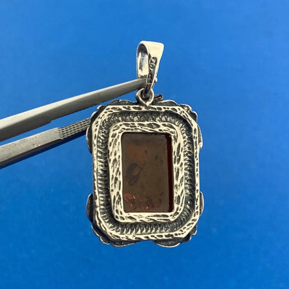 Vintage Designer 925 Sterling Silver Amber Floral Design Rectangle Pendant