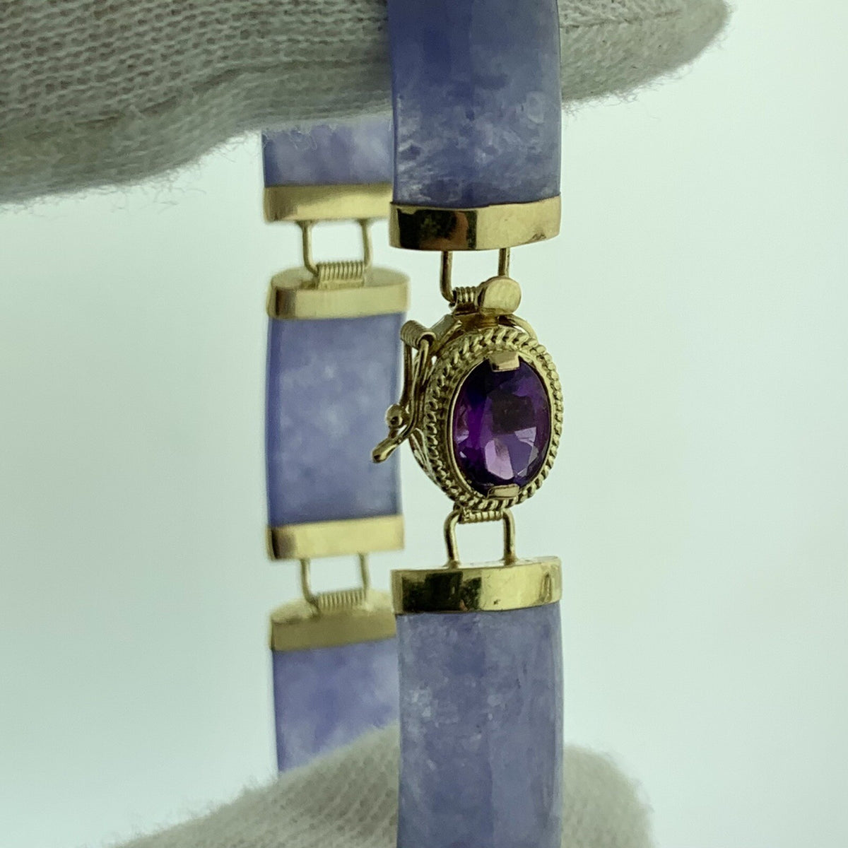 Designer 14K Yellow Gold Lavender Jade Bar Amethyst Statement Tennis Bracelet