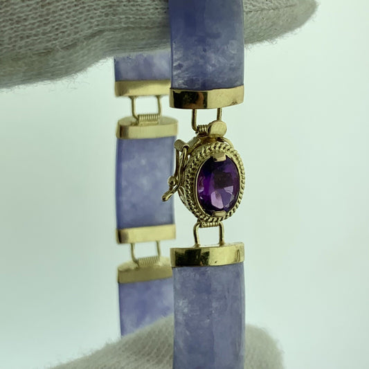 Designer 14K Yellow Gold Lavender Jade Bar Amethyst Statement Tennis Bracelet